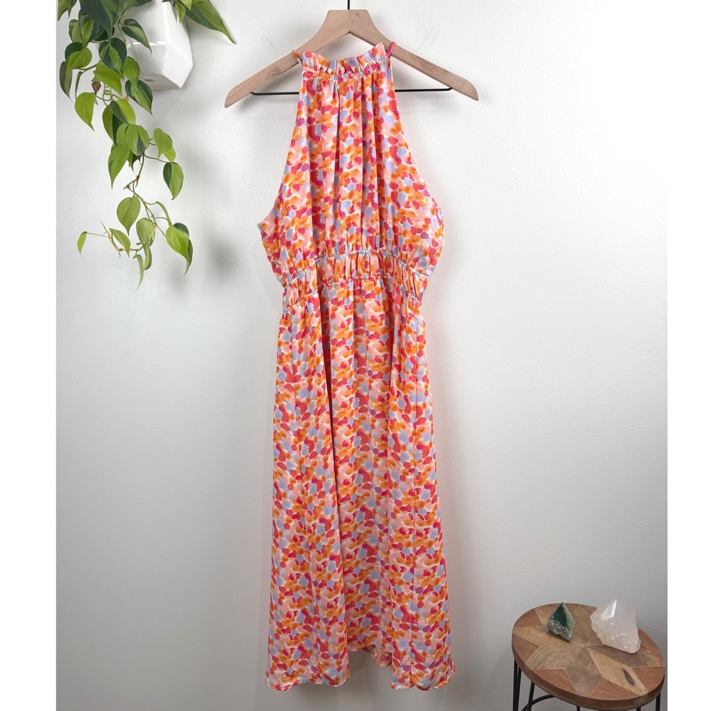 Gilli Orange Pink Abstract Watercolor Halter Midi Dress Elastic Waist M Resort